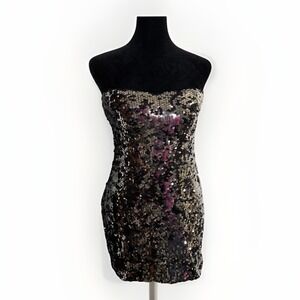 AUW Women's Strapless Mini Fitted Sequin Dress Size Medium‎ Lined Black & Silver